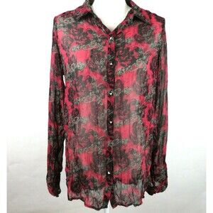 Maurices Womens Sheer Blouse Button Down Roll Up Sleeves Red Black Grey Size L